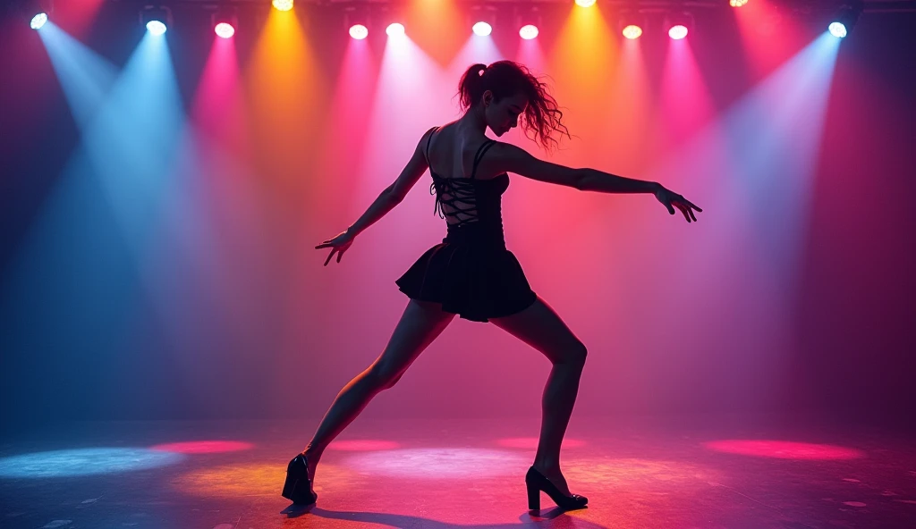 A high-energy dance sequence where a fair-skinned female dancer in a short black dress with bold cutouts dances alone on a stage with colorful laser lights, the camera circling around her.
