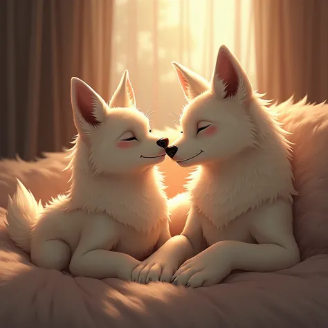  Some wolves in a bed looking at each other with love , and blushing ,  as if having a night of loveHigh resolution, language,  Lines of Movement ,  The best quality, 