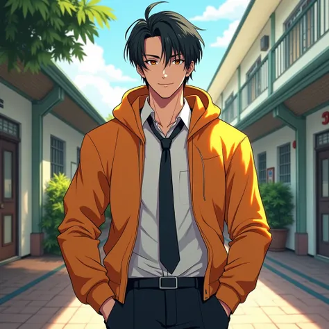 Man with black straight hair, handsome face, wide shoulders, smile, school uniform, Japanese cartoon style, school background, orange hoodie