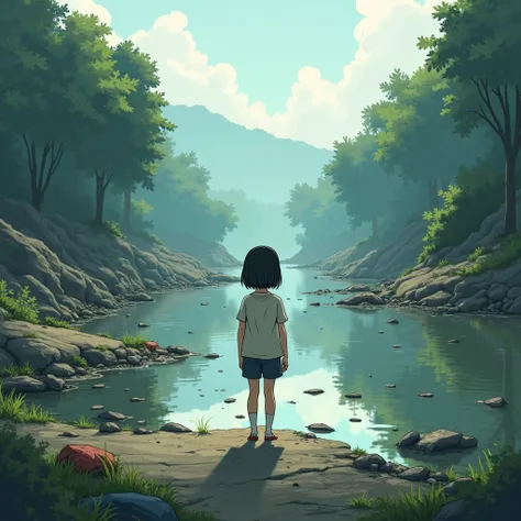 Contaminated river with a girl standing animated