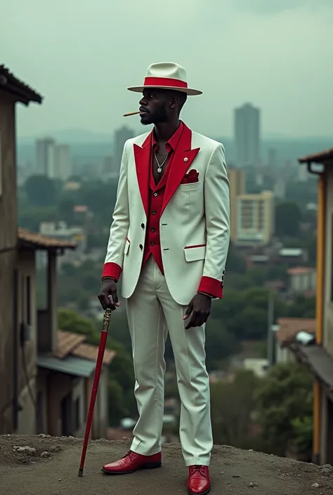 On the slum hill in Alta Madruga ,  a black man smoking his last cigarette,  wears a white suit with red details,  white hats with a red stripe and a red and white cane 