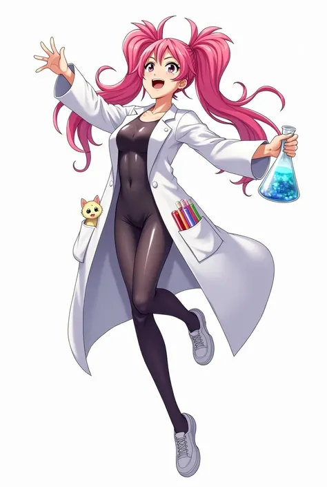 "A full-body illustration of a confident, young female scientist inspired by the anime Dr. Stone and the character Madoka. She has long, vibrant pink hair styled in two high ponytails with slightly messy strands, exuding a quirky and mischievous personalit...