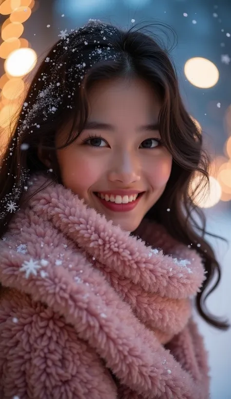 (Best Quality、masterpiece、8k、  best image quality、 ÃÃ€Ã±Ã±Ã©Ã©Ã©Ãºã、Award-winning works)、 1 girl、(Elegant fur coat:1.1)、(The perfect pink scarf:1.1)、Soft and delicate light、Of dramatic lighting、Romantic snowy night city、 Romantic Christmas lights 、Beautifu...