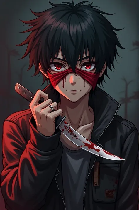 Anime image of a young man with a bloody style with a knife and a tied handkerchief between his eyes and who has the name Emerson on his handkerchief