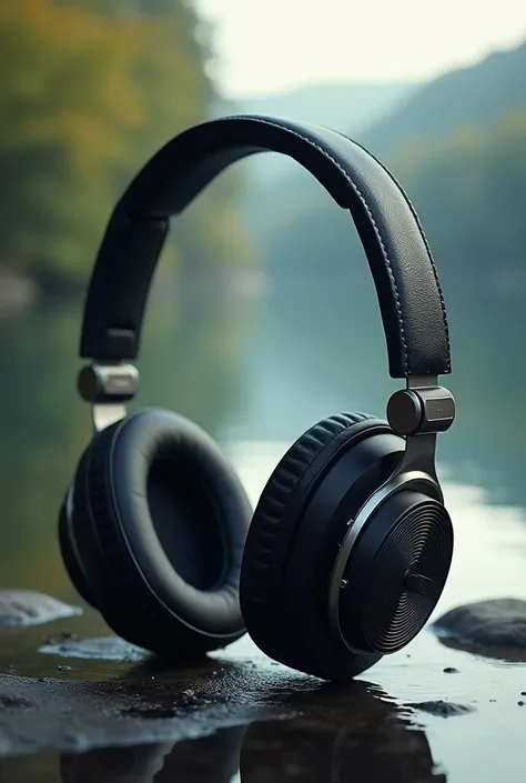 Make an headphone marketing image with text and realistic imagw