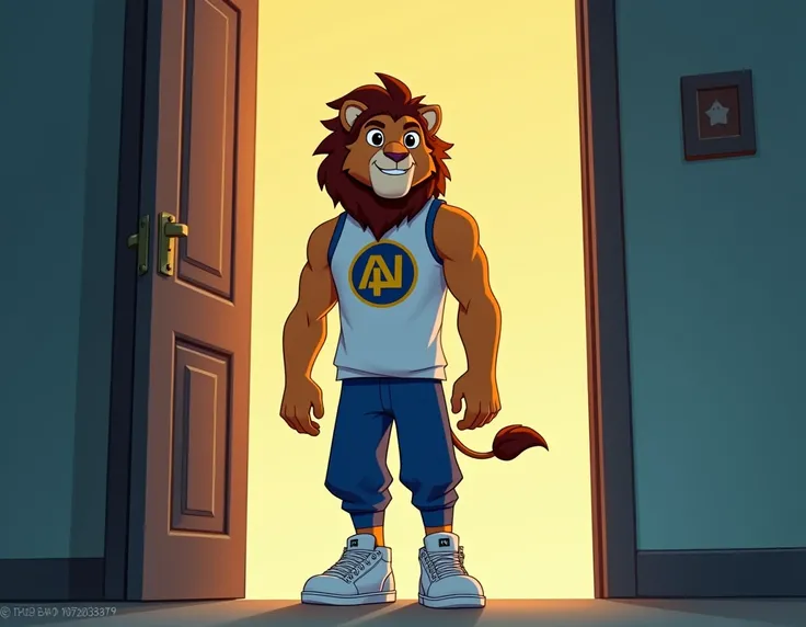 Draw a lion head with a human body, he is more aimed at a young audience, he wears a white uniform with a blue and yellow logo in the center, blue pants and skater sneakers, this lion is called LIENT, he has a smile captivating and has a fierce, strong loo...