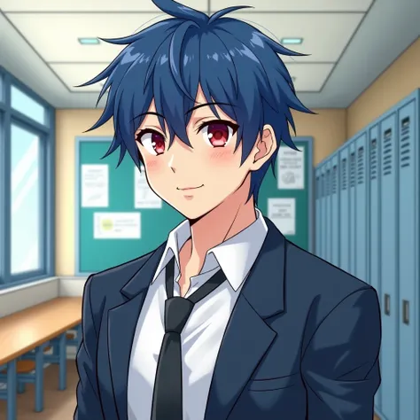 Man with blue straight hair, handsome face, wide shoulders, smile, school uniform, Japanese cartoon style, school background, red eyes