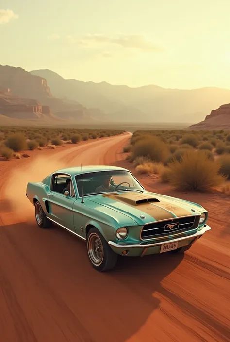 Full outdoor shot of a light teal-blue vintage Ford Mustang, likely a 1960s or 70s model, driving on a reddish-tan dirt road in a desert landscape. 


The car is angled slightly to the right of the photo, showing its profile as it moves forward. The car ap...