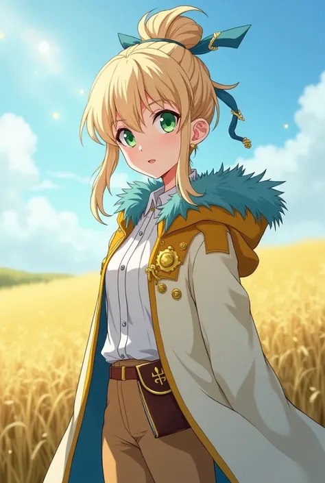 A beautiful Young woman, anime, black clover universe, long pale blonde hair pulled on top of head in a messy bun, lose tendrils falling to shoulders, big pale green eyes, short, petite, curvy, beautiful, sophistcated, gorgeous, long dark lashes,("Wears go...