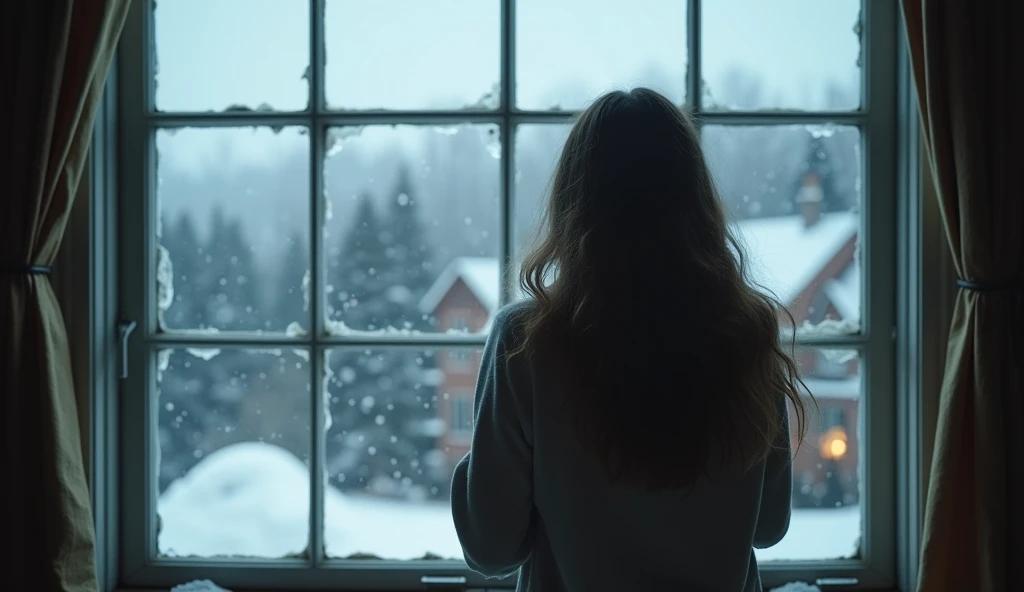 "clara,  a 28-year-old girl ,  with a sensitive and determined look ,  is standing in front of a mansion window on the hill . Snow falls outside ,  while she watches the horizon with an expression of sadness and strength,  symbolizing her emotional connect...