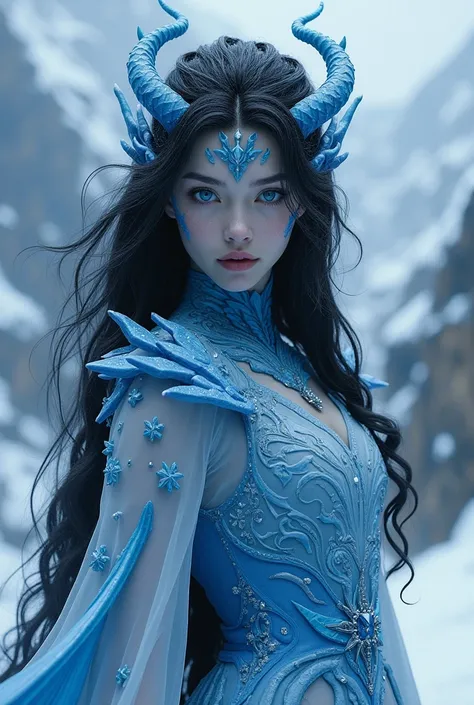 Make a mediaeval-style character of a blue-skinned woman half ice dragon who has black hair with white highlights, icy blue eyes, and wears cold clothes.