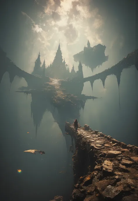 very old bridge(floating in the sky, on the verge of breaking down, stretches far away to castle from the foreground) connected to an ancient castle floating in the sky. in the very deep thick fog and very deep thick haze. Dazzling light pours down from th...