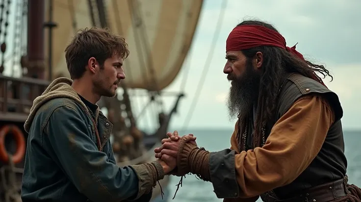 "Jack, a young sailor in his late 20s with short hair and old worn clothes, faces in a hand-to-hand fight the pirate captain Grimshaw, a tall and imposing figure with a beard and red hair, his hair has long dreadlocks with tattered and ghostly clothes in a...