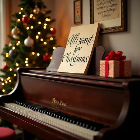 Family portrait and Letter above the piano that says "All I Want for Christmas "  in the background Christmas tree with gifts and musical notes 