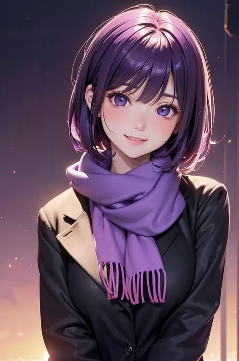 ( best quality, high definition ,8k,inelity detailed background, masterpieces:1.2), pretty girl,Big Breasts,( glossy purple hair:1.3),short hair, bob cut,Beautiful purple eyes,BRAKE,Autumn Clothes, school uniform,blazer scarf,black tights,(zettairyoiki:1.2...