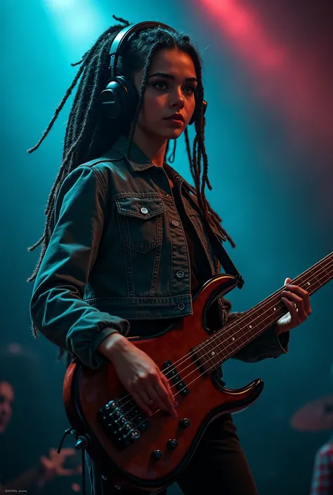 Beautiful young girl of Slavic appearance with dark hair, with dreadlocks , in headphones,  stands on stage and plays bass