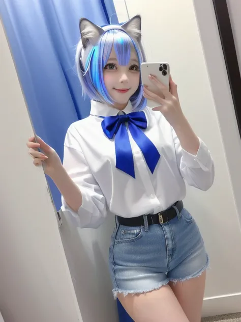 araffe girl in a white shirt and blue shorts taking a picture of herself, white cat girl, female furry mini cute style, holo is ...