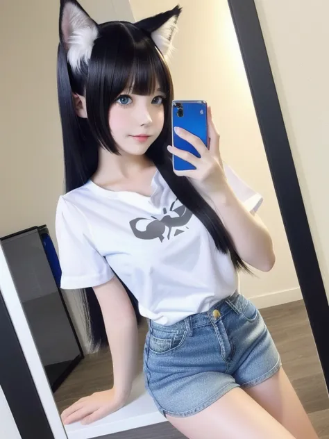 araffe girl in a white shirt and blue shorts taking a picture of herself, white cat girl, female furry mini cute style, holo is ...