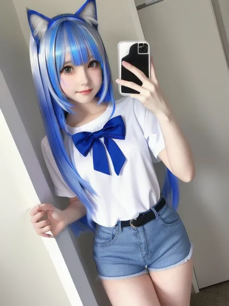 araffe girl in a white shirt and blue shorts taking a picture of herself, white cat girl, female furry mini cute style, holo is ...