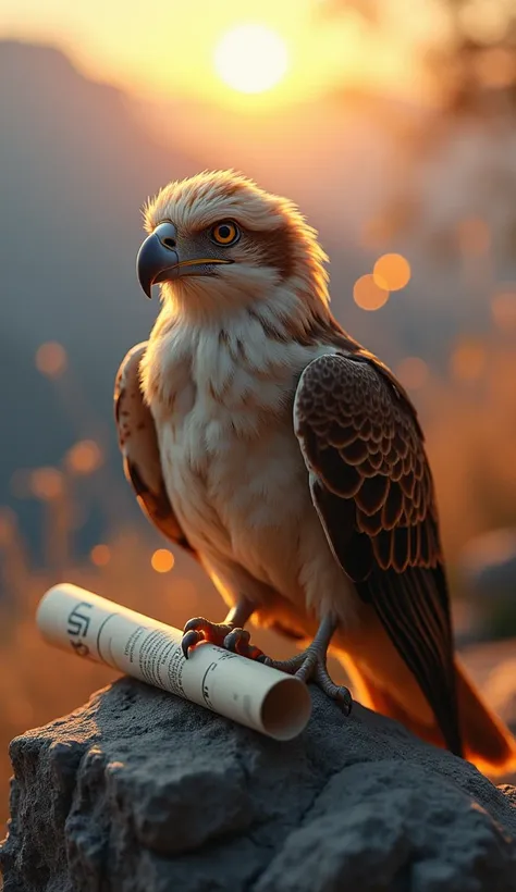 A mesmerizing close-up portrait of a gorgeous little bird illuminated by the soft, golden light of a tranquil morning, with Here’s the **simple image prompt** for **Animals and Reports**:

---

**Prompt:**  
"A majestic eagle perched on a rock, holding a r...