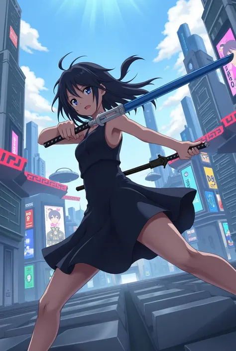  Kirigaya Kasuto wearing her usual dress in black ,  simulating a combat movement with a black sword in her hand and a blue one trying to draw it, in a futuristic city in the anime version 
