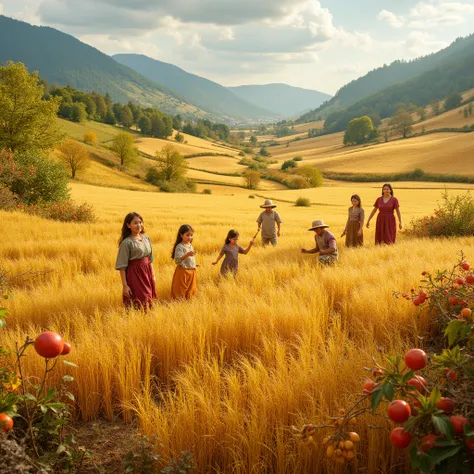 IMG_1018.CR2, Pastoral Idyll, showcasing a field of autumn, with golden wheat fields and abundant fruits. Farmers are busy harvesting, while children are chasing and playing in the fields. The colors in the picture are rich and warm, filled with the joy of...