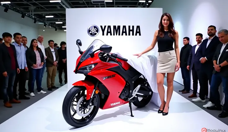 A sleek, modern (2025 Yamaha R15 V5 ) taking center stage in a showroom, partially covered with a white and white cloth displaying a prominent (Yamaha ) logo, being unveiled by ten people. The bike is a vibrant red with a streamlined design, positioned in ...