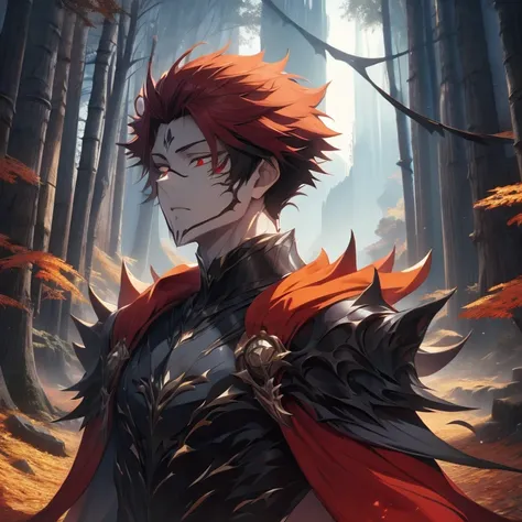 Kings clothes. 1 man, Ryomen Sukuna, muscules in body,  Reddish hair, short hair, red eyes, normal eyes, normal arms, anime style, cinematographic and vivid paisage, Surrounded by a forest in autumn orange


