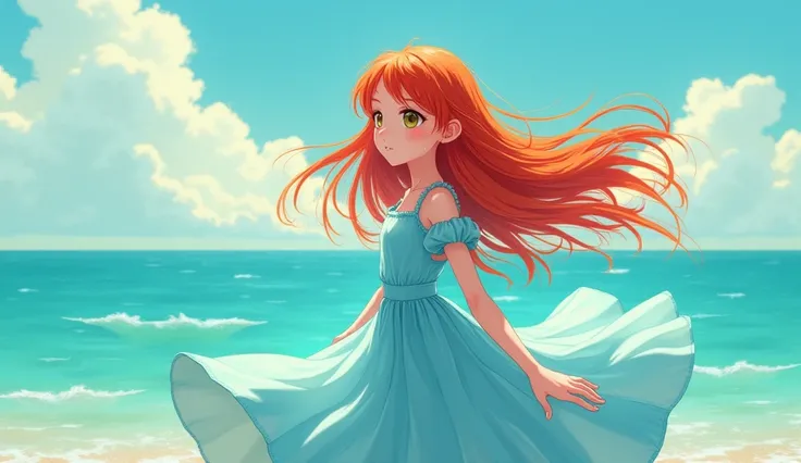 Style manga jeune fille de 15 ans cheveux roux très long grande robe bleu ciel flottant paisiblement dans la mère turquoise 