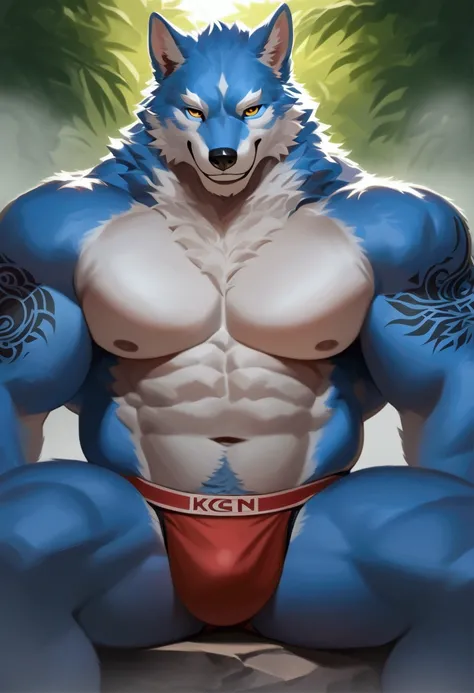 solo, 1boy, Muscular Old furry wolf, grin, yakuza, tattoo, gaze, wide shoulder, intimidate, pectoral, thick arms, huge pectoral, wide pectoral, sitting on onsen, nature, short hair, blue furr, jockstrap and shirtless, simple background, masterpiece, semire...