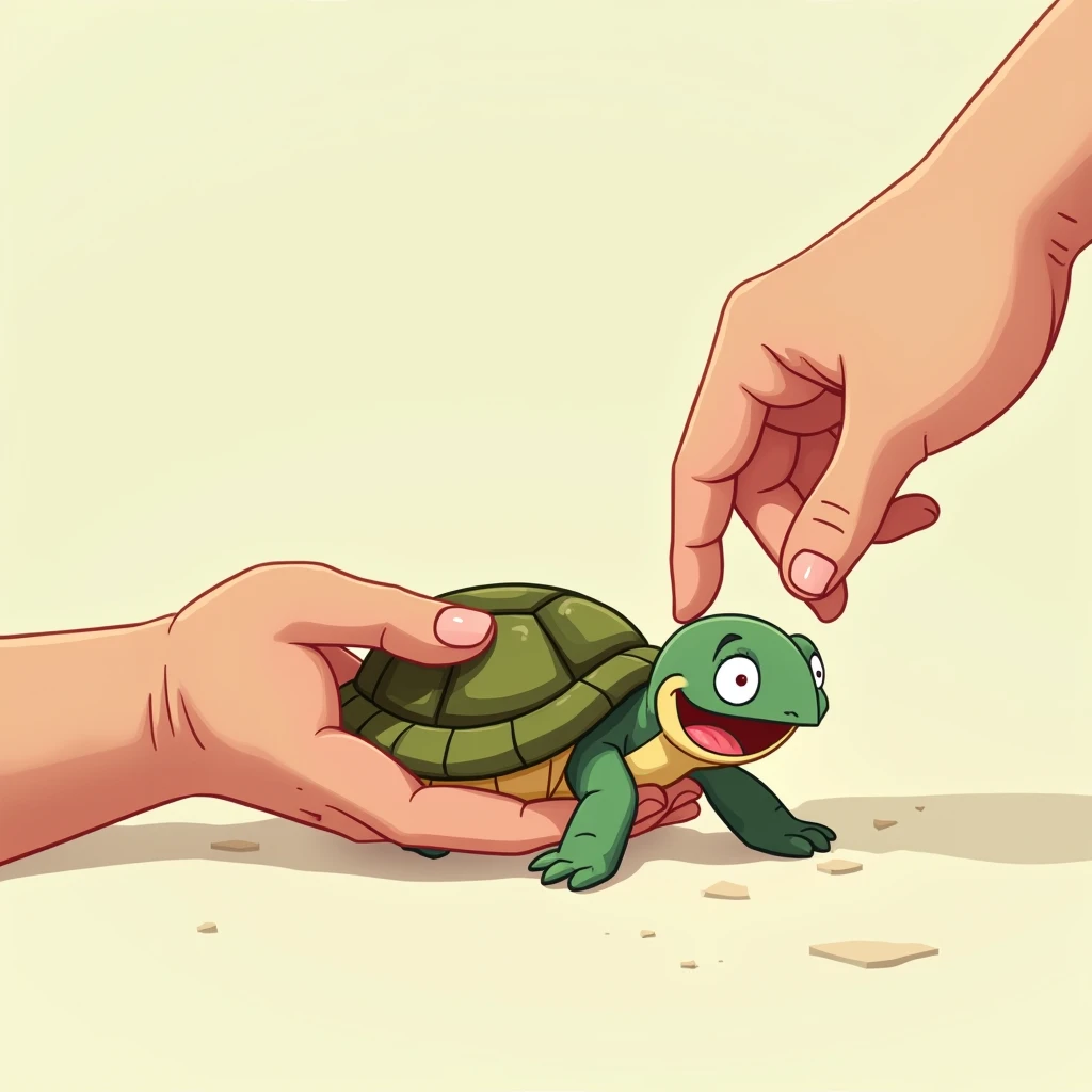 Imagine: A detailed scene of a left human hand holding a small turtle ,  while another right hand tickles its finger on the turtles belly.  The turtle has its mouth open as if it were laughing , In the 2D cartoon cartoon style for animation 