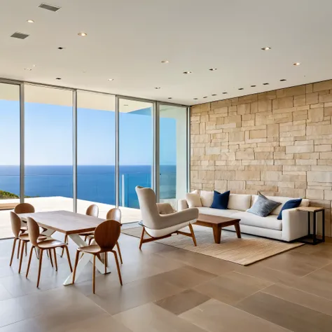 Open-concept modern interior seamlessly connected to an outdoor area with an ocean view. The space features a spacious, minimalist design with natural and earthy tones. In the foreground, there is a wooden dining table with a dark base and a round design, ...