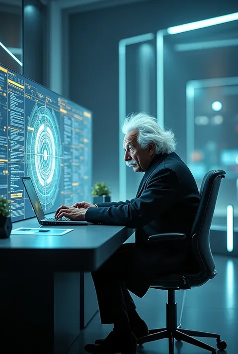 Albert Einstein sitting working on a quantum computer in a digital environment