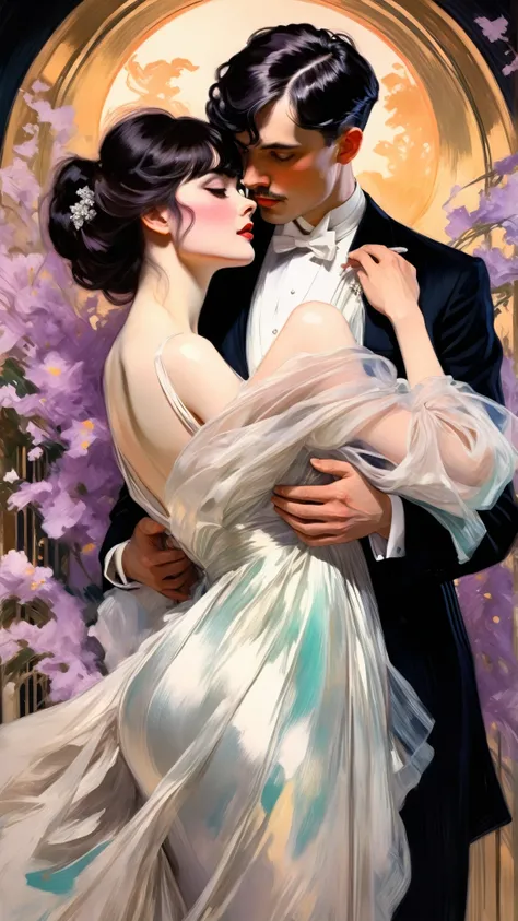 (thick and bold) ink sketch technique on sensual illustration of an elegant bride realistic couple (((medium hair with bangs:1.4、Beautiful bangs) , vintage ,silky dress, matte painting, by John Singer Sargent, by Harumi Hironaka, extremely soft colors, dar...