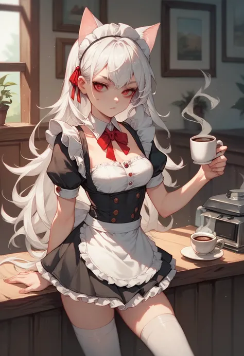   best quality  ,  A young anime girl, ,  white hair , cat person,  long hair, Red Eyes,  maid outfit ,  white black  , Short tight skirt that starts at the waist, evil eye ,  coffee with wooden tables 