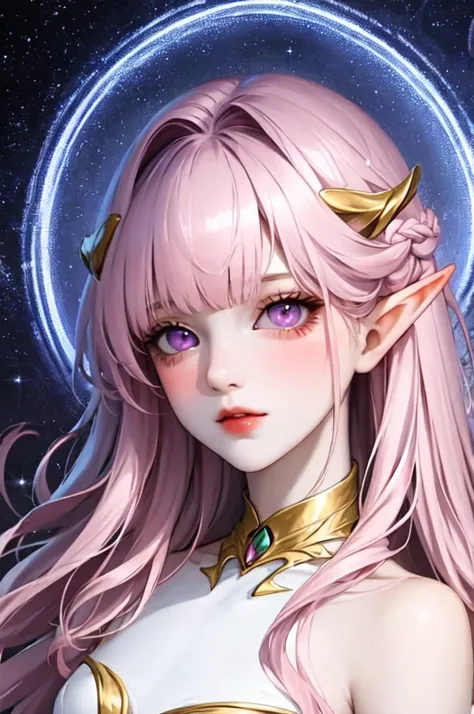 pale lavender pink long hair, light lavender eyes, pale skin, starry eyes, long wavy layered hair, small pointy ears, downturned ears, elf ears, white, black and gold dress, bangs in middle, pink lips, middle bangs, soft curls, soft waves in hair, otherwor...