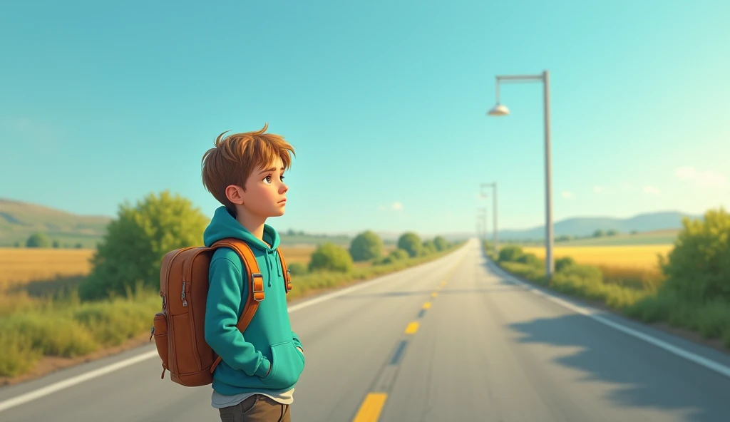 realist
A young boy, approximately 10-, standing on the side of an empty highway during a sunny day. He has light brown hair, a slightly tanned complexion, and a thoughtful, somewhat somber expression on his face. He wears a turquoise hoodie over a white s...