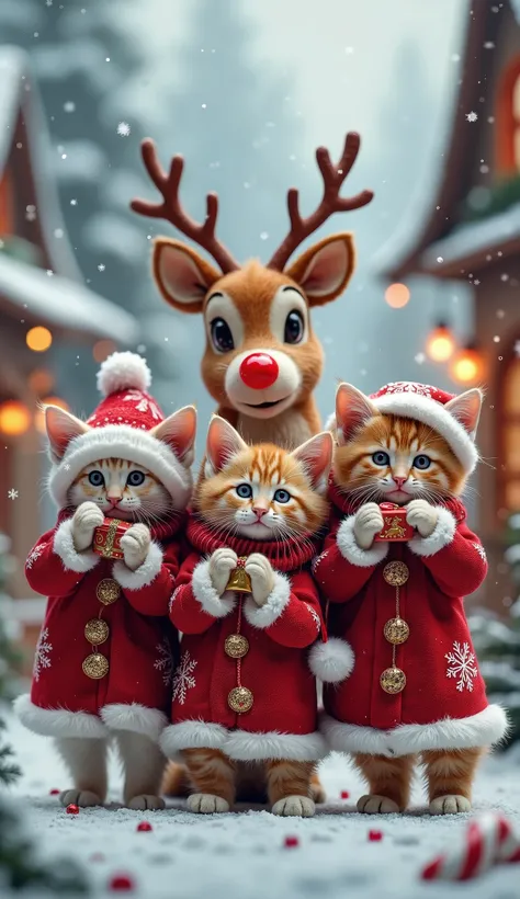 "A hyperrealistic and magical winter scene featuring multiple anthropomorphic Christmas kittens dressed in festive red outfits with white fur trims, intricate snowflake patterns, and a variety of holiday accessories like scarves, hats, and small bells. Beh...