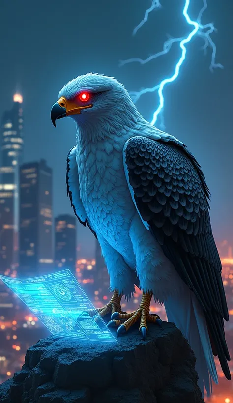 Here’s the **hybrid image prompt** for **Animals and Reports**:  

---

**Prompt:**  
"A massive cybernetic eagle with metallic wings that shimmer with neon blue energy. Its talons grip a glowing holographic report displaying encrypted symbols, digital map...