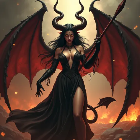 (very detailed eyes and face), mythport, fangs, beautiful Succubus with big wings, ram horns on her head, devil tail, she has long black hair, holding a spear, posing, chest covered, wearing an open dress, fire particles, hell background,