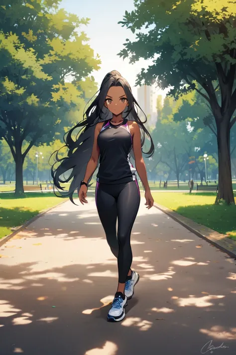 linda,  black hair, Dark skin, athletic clothing, park,  long hair 