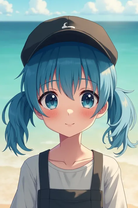 A girl with black cap, blue twin pigtails 