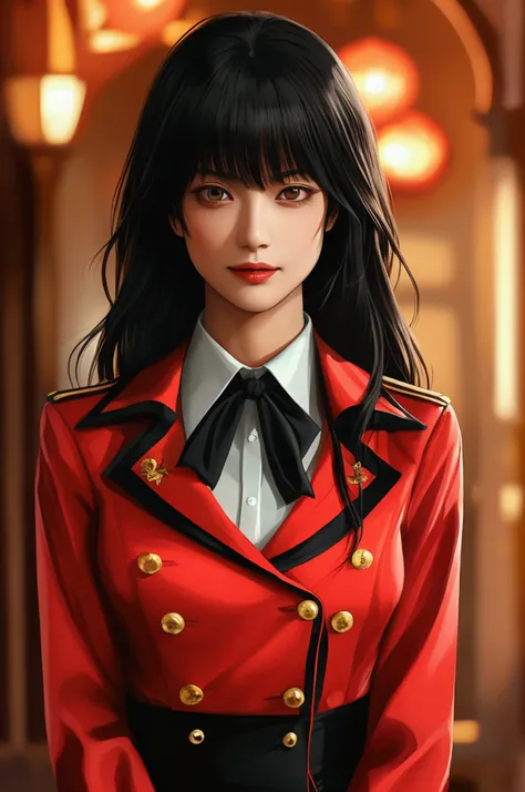  A hyperrealistic portrait of a woman inspired by Yumeko Jabami ,  of smooth jet black hair and large, expressive eyes of a deep and captivating red.  She wears an elegant red and black schoolgirl uniform with refined details ,  with a touch of mystery and...