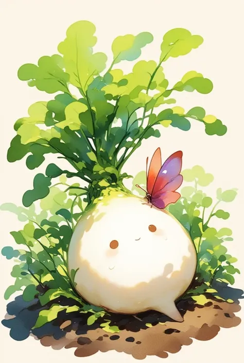 A white-skinned cute daikon on the soil. green leaves. A reddish purple butterfly, fantasy art, watercolor painting