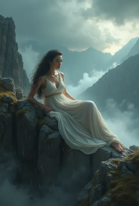 A breathtaking woman in antic chloting lying down in storm on mountain