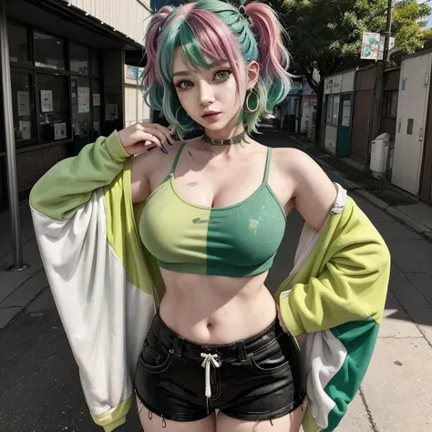 a woman with colored hair and piercings wearing a green top,  rossdraw vibrant cartoon , RossDraw pastel vibrant, cyberpunk anime art, cyberpunk art style, cyberpunk anime art,  anime vibes , cyberpunk style cor, illustrations inspired by decora ,  digital...