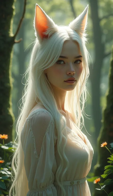  A full body photo, Hybrid woman with white fox in a forest