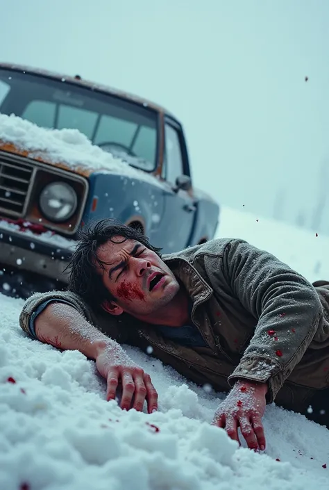 Fugitive bleeding out while lying beside his 1985 Dodge on a snowy hillside