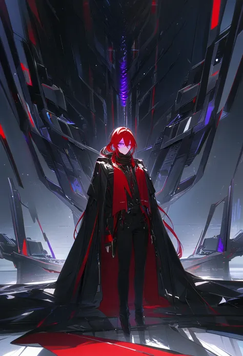 masterpiece,  best quality,  high definition, Alone,  handsome, 1 male, Alone,  medium hair,  low ponytail, Very long bangs, hair between eyes, Red color hair,  purple eyes, Futuristic equipment, black jacket with open front,  long black pants , Waist Cloa...