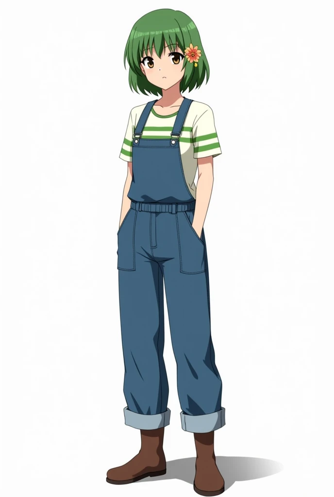  female character , botany, Wear a denim jumpsuit,  with a white t-shirt with green stripes underneath, wears brown boots, Do you have a flower attached to your ear  ,  has short green hair and light brown eyes , Age around 22 years old , The appearance of...